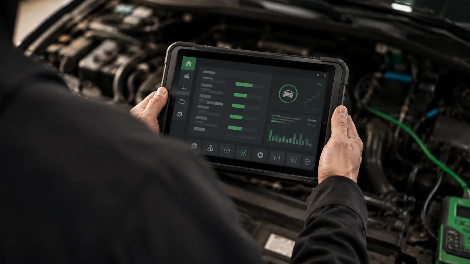 Diagnosetablet mit ausgelesenen Steuergerätedaten über dem Motorraum – Wien Meidling