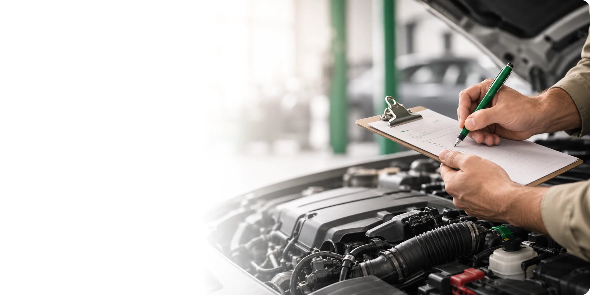 Prüfprotokoll wird beim Service am geöffneten Motorraum ausgefüllt – Autowerkstatt My Car Service in Wien Meidling